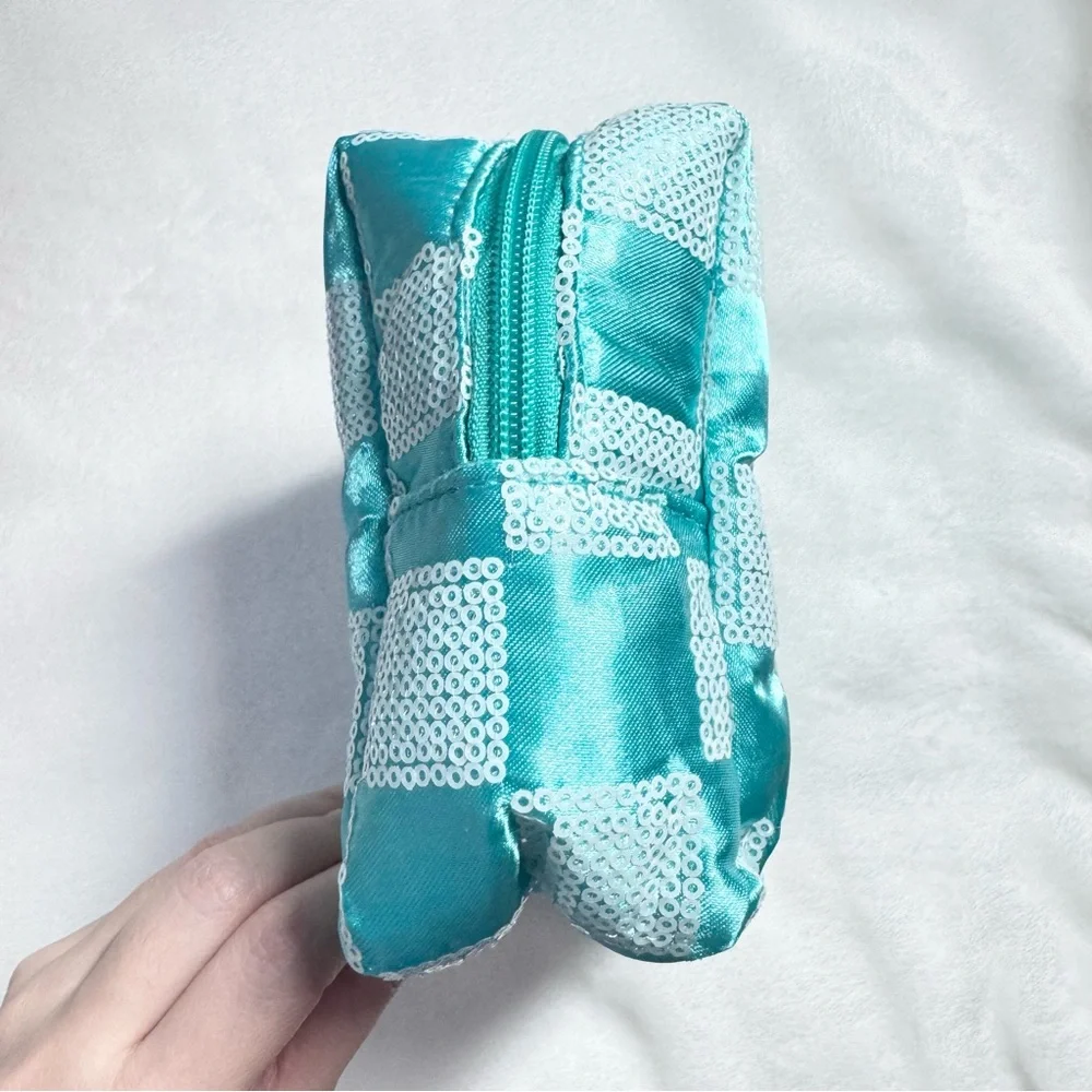 Blue Green Teal Aqua Checkered Sequin Pouch Makeup Bag - New